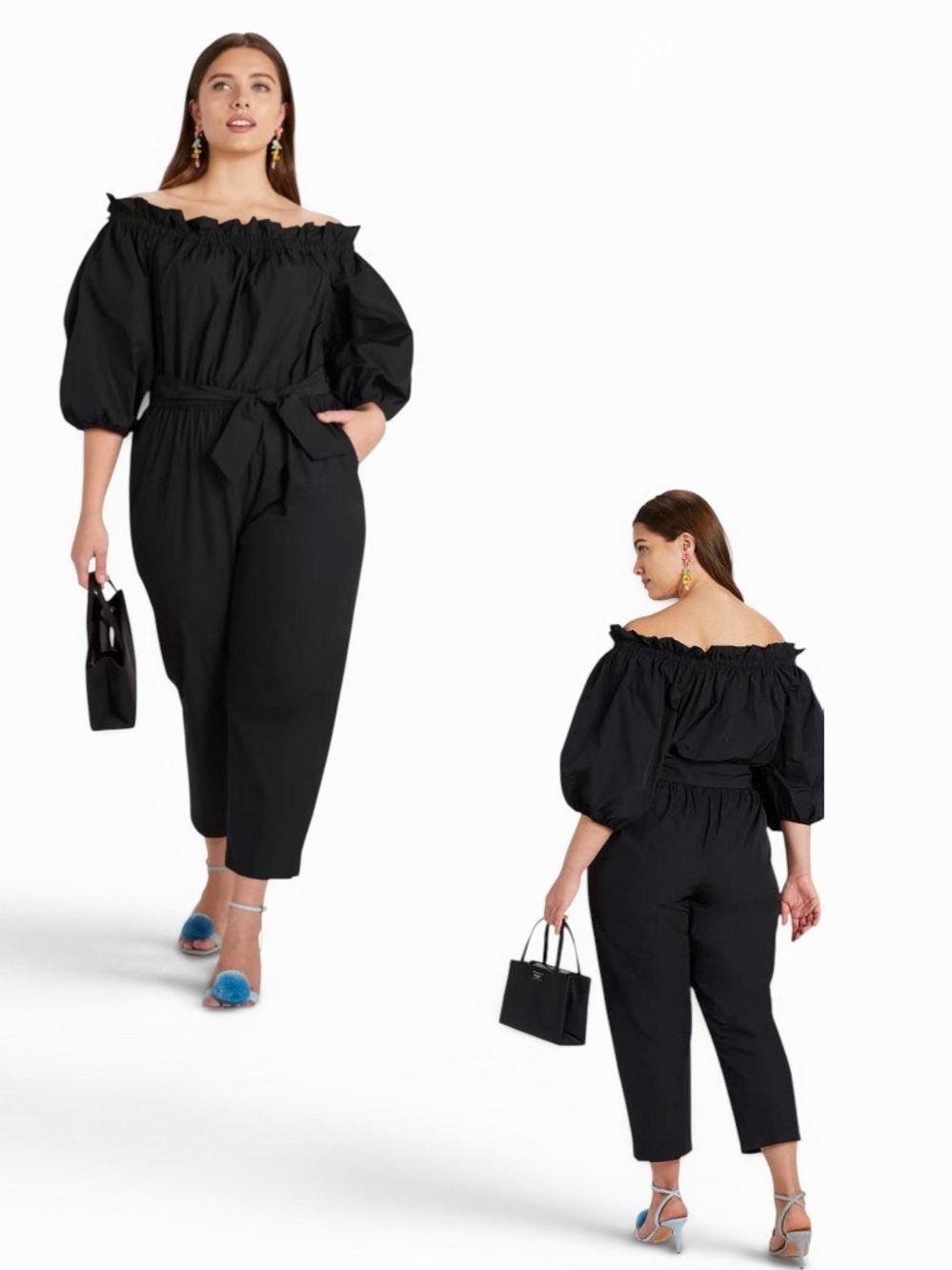 Kate Spade Off Shoulder Taffeta Jumpsuit Black Tie Waist Cropped sz XXS  NWT